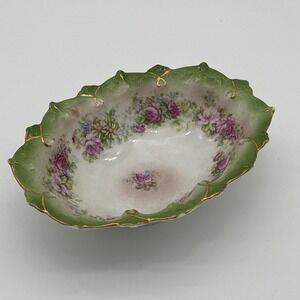 Antique MZ Austria Porcelain Relish Dish Imperial Eagle Mark Green Pink Roses